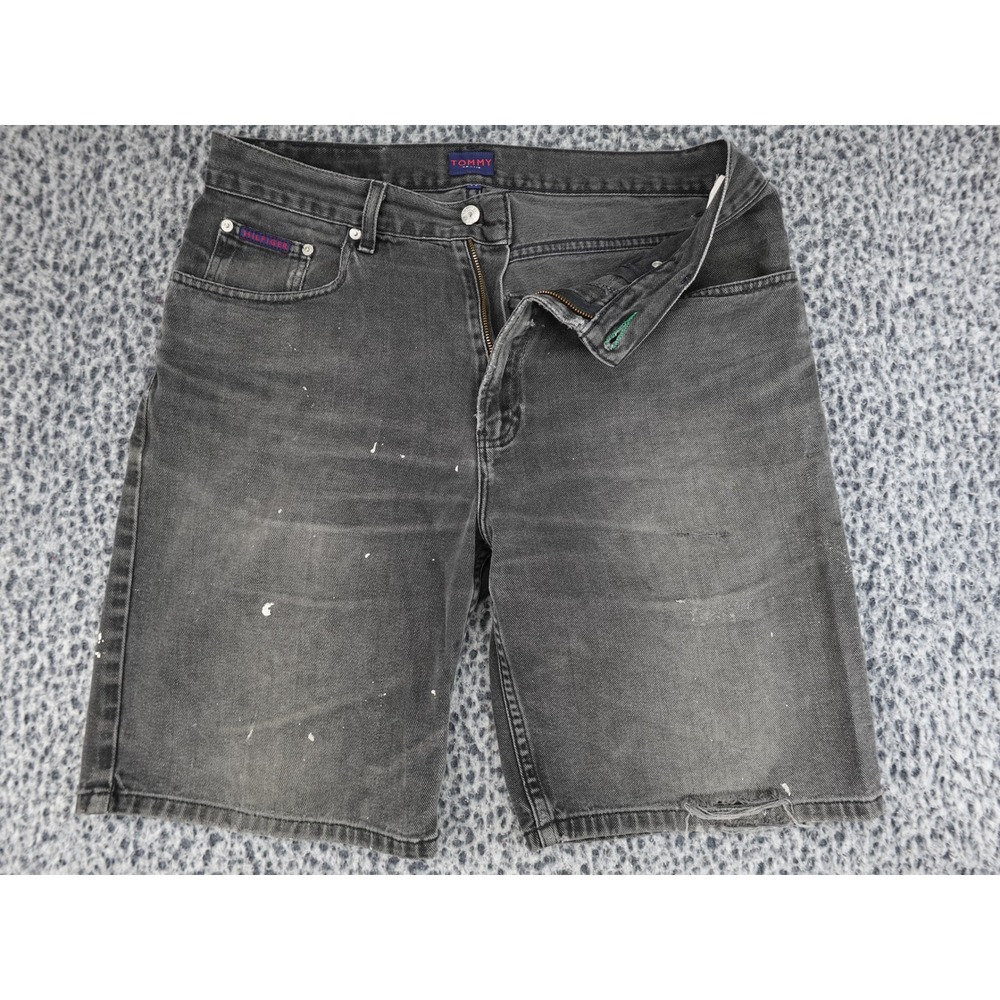 Tommy Jeans Denim Shorts Mens 34 Black Vintage 90s Distressed Paint Splatter